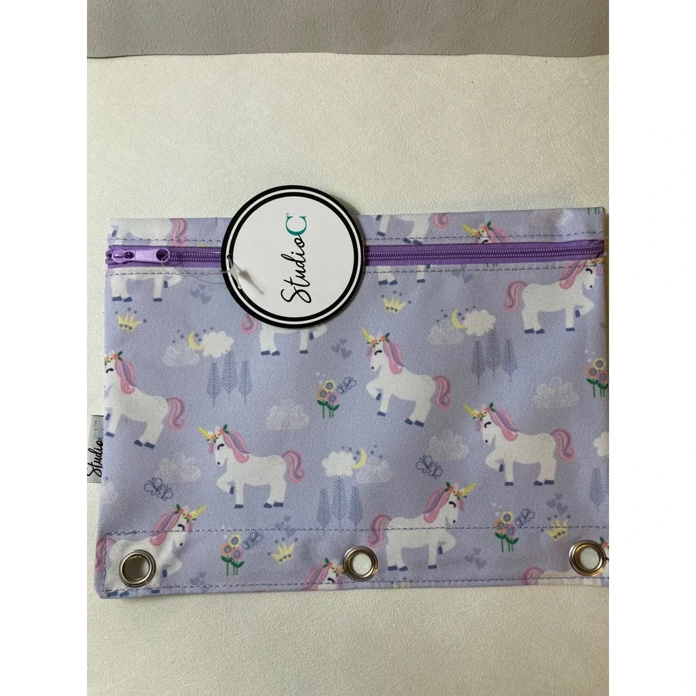 Studio C Unicorn Pencil Pouch Lavender 3 Ring Binder Zipper Case 9x7 New